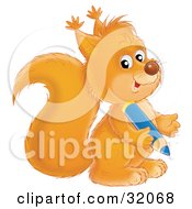 Poster, Art Print Of Cute Squirrel Looking At The Viewer And Holding A Blue Pencil