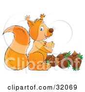 Poster, Art Print Of Cute Squirrel Standing Above A Stash Of Acorns
