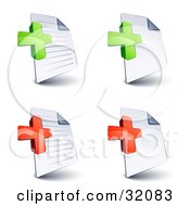 Set Of Four Lined And Blank Pages With Green And Red Plus And Addition Symbols On A White Background