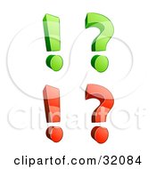 Clipart Illustration Of A Set Of Four 3d Green And Red Exclamation Points And Question Marks On A White Background
