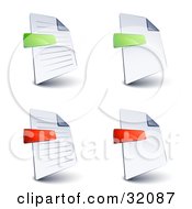 Set Of Four Lined And Blank Pages With Green And Red Minus And Subtraction Symbols On A White Background