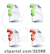 Set Of Four Lined And Blank Pages With Green And Red Question Marks On A White Background