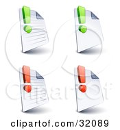 Set Of Four Lined And Blank Pages With Green And Red Exclamation Points On A White Background