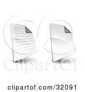 Two Lined And Blank Sheets Of Paper With The Top Corners Folded With Shadows On A White Background