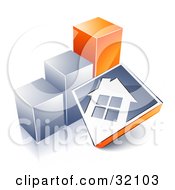 Poster, Art Print Of White House On A Blue Block Leaning Against A Silver And Orange Bar Graph Showing An Increase In Home Loans Sales Or Foreclosures