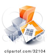 Poster, Art Print Of White House On An Orange Block Leaning Against A Silver And Orange Bar Graph Showing An Increase In Home Loans Sales Or Foreclosures