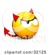Poster, Art Print Of Expressive Yellow Smiley Face Emoticon With Devil Ears And A Forked Tail