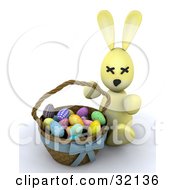 Poster, Art Print Of 3d Stuffed Yellow Easter Bunny Beside A Basket Of Colorful Eggs On A White Background
