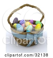 Poster, Art Print Of Weaved 3d Easter Basket With A Blue Bow Full Of Colorful Eggs