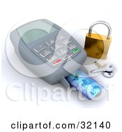 Clipart Illustration Of A Credit Card Being Scanned By A Machine A Golden Padlock And Keys To The Side Symbolizing Secure Checkout by KJ Pargeter