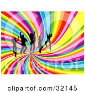 Clipart Illustration Of A Group Of Five Dancers Silhouetted Against A Spiraling Rainbow Background