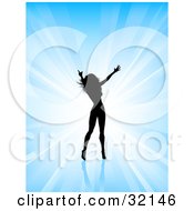 Clipart Illustration Of A Sexy Woman Silhouetted In Black Against A Blue Bursting Background Holding Her Arms Out And Dancing by KJ Pargeter