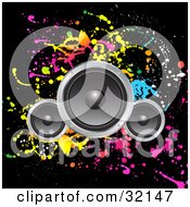 Three Speakers Over A Black Background With Colorful Splatters