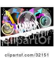 Poster, Art Print Of Crowd Dancing Silhouetted In White On A Grunge Bar Over A Black Background With Colorful Speakers Dots Music Notes And Arrows