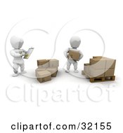 Clipart Illustration Of A White Character Writing Notes While Supervising A Worker Moving Boxes by KJ Pargeter