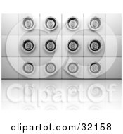 Clipart Illustration Of A Wall Of Speakers Reflecting On A Shiny White Floor by KJ Pargeter