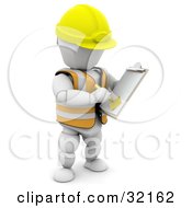 Clipart Illustration Of A White Character In A Hardhat And Vest Taking Notes On A Clipboard In A Construction Zone by KJ Pargeter #COLLC32162-0055