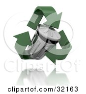 Poster, Art Print Of Floating Tin Trash Can Surrounded By Green Recycle Arrows Hovering Over A Reflective Surface