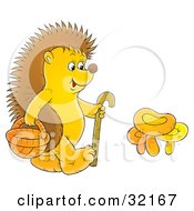 Clipart Illustration Of A Hedgehog Walking With A Cane And Basket Collecting Mushrooms by Alex Bannykh