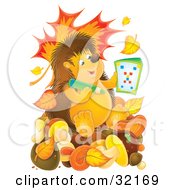 Smart Hedgehog Using An Activity Book And Sitting On Mushrooms With Falling Autumn Leaves And A Worm Emerging From A Mushroom