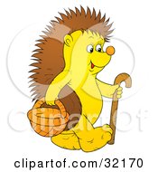 Poster, Art Print Of Happy Hedgehog Carrying A Basket And Walking With A Cane