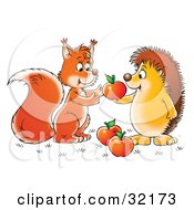 Hedgehog Sharing Apples With A Friendly Squirrel