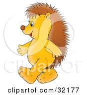 Cute And Happy Hedgehog Walking Upright On Its Hind Legs Facing To The Left