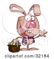Clipart Illustration Of A Spunky Bunny Wearing A Vest And Tie Waving And Carrying A Basket Of Easter Eggs by Hit Toon