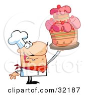 Clipart Illustration Of A Proud Chef Holding Up A Masterpiece Layered Cake