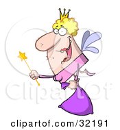 Clipart Illustration Of A Grinning Blond Fairy Godmother Or Tooth Fairy Flying With A Wand And Bag by Hit Toon