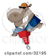 Poster, Art Print Of Happy Hippo Worker Operating A Vibrating Jackhammer