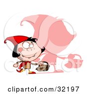 Clipart Illustration Of A Girl Little Red Riding Hood Walking With A Basket Of Goodies With A Big Pink Shadow