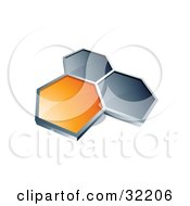 Group Of Three Hexagons Connected Like A Honeycomb One Orange Two Dark Blue On A White Background