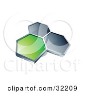 Group Of Three Hexagons Connected Like A Honeycomb One Green Two Dark Blue On A White Background