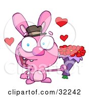 Clipart Illustration Of A Romantic Pink Bunny Smiling And Holding Out Flowers For His Date On A White Background