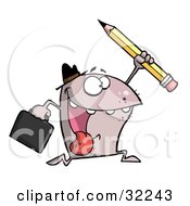 Poster, Art Print Of Energetic Monster Wearing A Hat Carrying A Briefcase And Running With A Pencil On A White Background