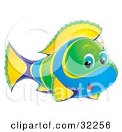 Poster, Art Print Of Cute Green Yellow And Blue Fish With Blue Eyes