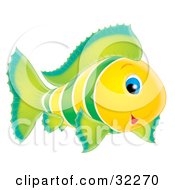 Clipart Illustration Of A Friendly Yellow And Green Striped Fish With Blue Eyes