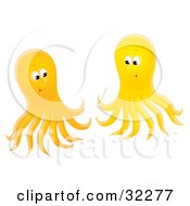 Clipart Illustration Of A Pair Of Happy Orange And Yellow Octopi Socializing by Alex Bannykh