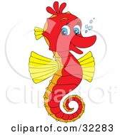 Cute Red And Yellow Seahorse With Blue Eyes Facing Right And Smiling At The Viewer With Bubbles