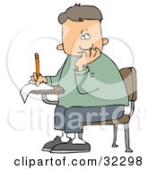 Poster, Art Print Of Nervous School Boy Seated At His Desk Trying To Think Of The Right Answers For His Test