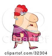 Clipart Illustration Of A Chubby Caucasian Red Haired Woman Wearing A Pearl Necklace And Earrings Carrying A Pink Purse And Dressed In Pink Clothes