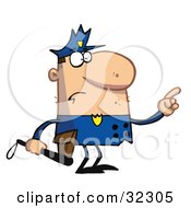Clipart Illustration Of A Caucasian Police Officer Man In A Blue Uniform Pointing And Holding A Nightstick by Hit Toon