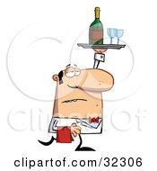 Clipart Illustration Of A Grumpy Male Waiter In A White Uniform And Red Bow Tie Carrying Wine And Glasses On A Tray While Serving In A Restaurant