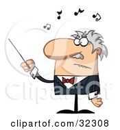 Clipart Illustration Of A Male Senior Caucasian Orchestra Conductor Waving His Baton Around Black Music Notes by Hit Toon