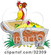 Red White And Yellow Parrot Perched On An Open Treasure Chest Full Of Jewels And Gold