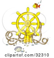 Poster, Art Print Of Clipart Illustration Of A Fish Swimming Over A Sunken Ships Helm With Rope