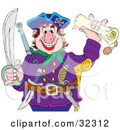 Poster, Art Print Of Greedy Pirate Holding A Sword And A Treasure Map