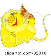 Poster, Art Print Of Cute Green Eyed Yellow Stingray Waving With His Fin