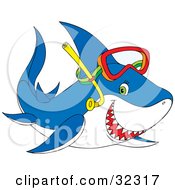 Poster, Art Print Of Green Eyed Blue Shark Grinning With Sharp Teeth And Wearing Snorkel Gear